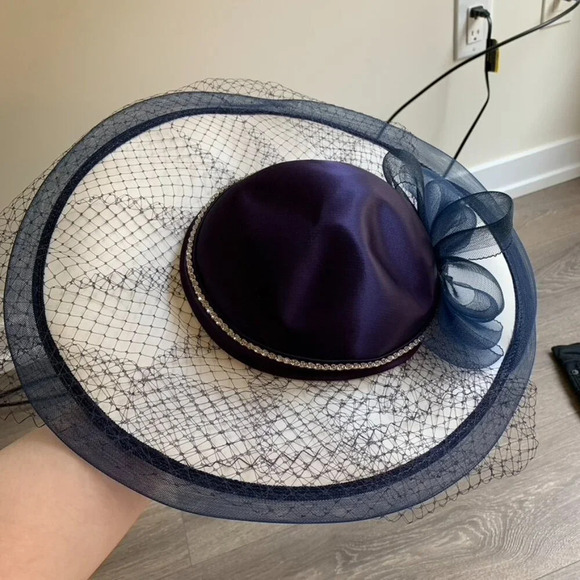 Womens Vintage 80s 90s Hat Wedding Navy Blue - Picture 2 of 3